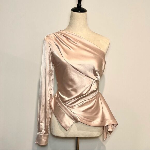 Fashion Nova Satin Beige One Shoulder Long Sleeve Deconstructed Shirt Blouse-XS - Picture 1 of 9